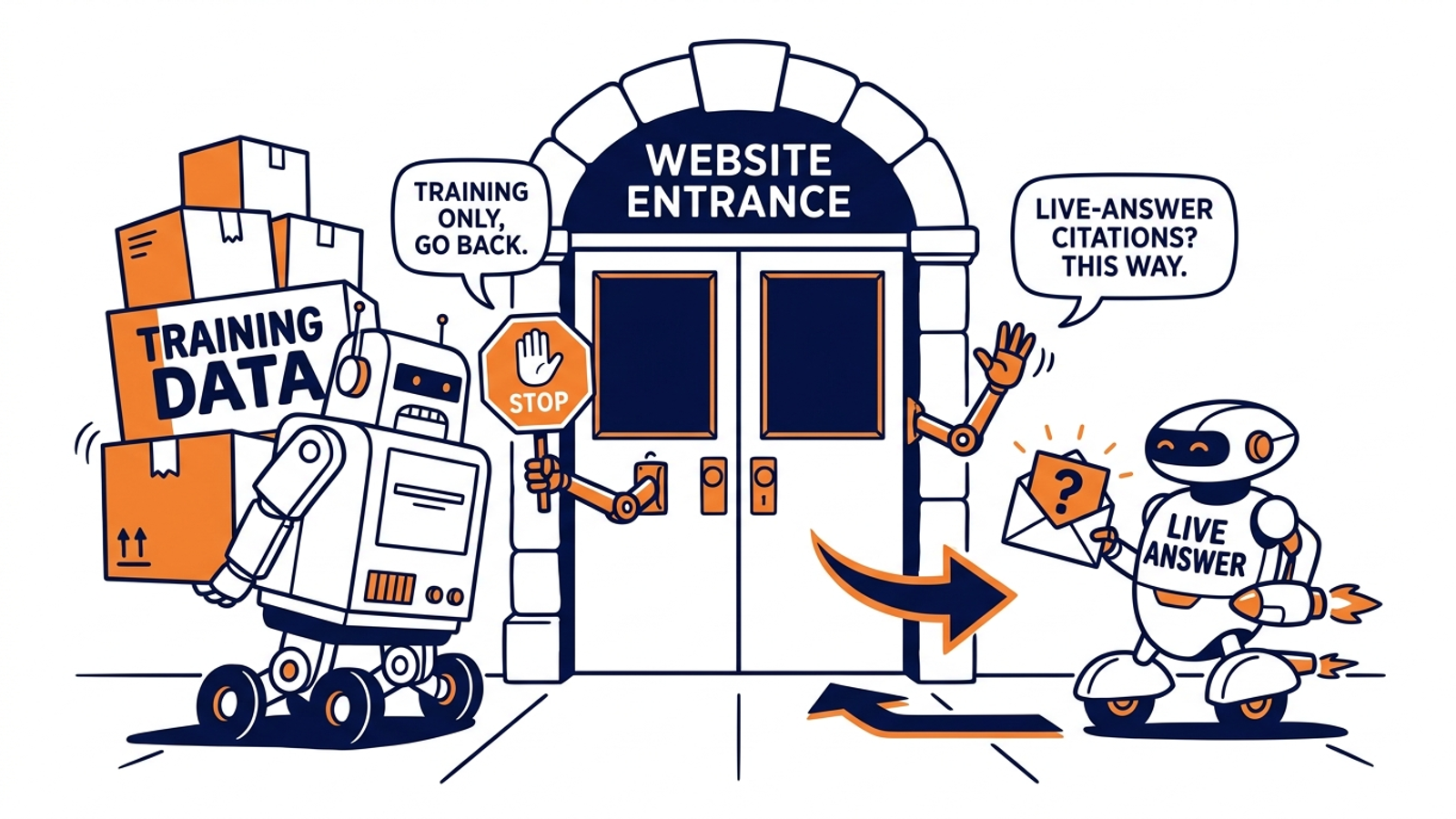 Cartoon of a training crawler stopped at a door while a live-answer fetcher enters